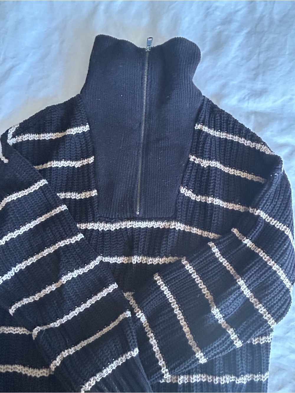 Evereve Women’s Black and Cream Striped Quarter-Zip Sweater - Picture 3 of 3